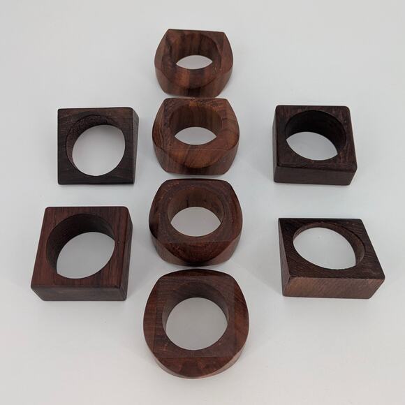 Wood Napkin Rings Set of 8 Faceted Geometric Solid VTG MCM Dinner Table Decor - Picture 9 of 9
